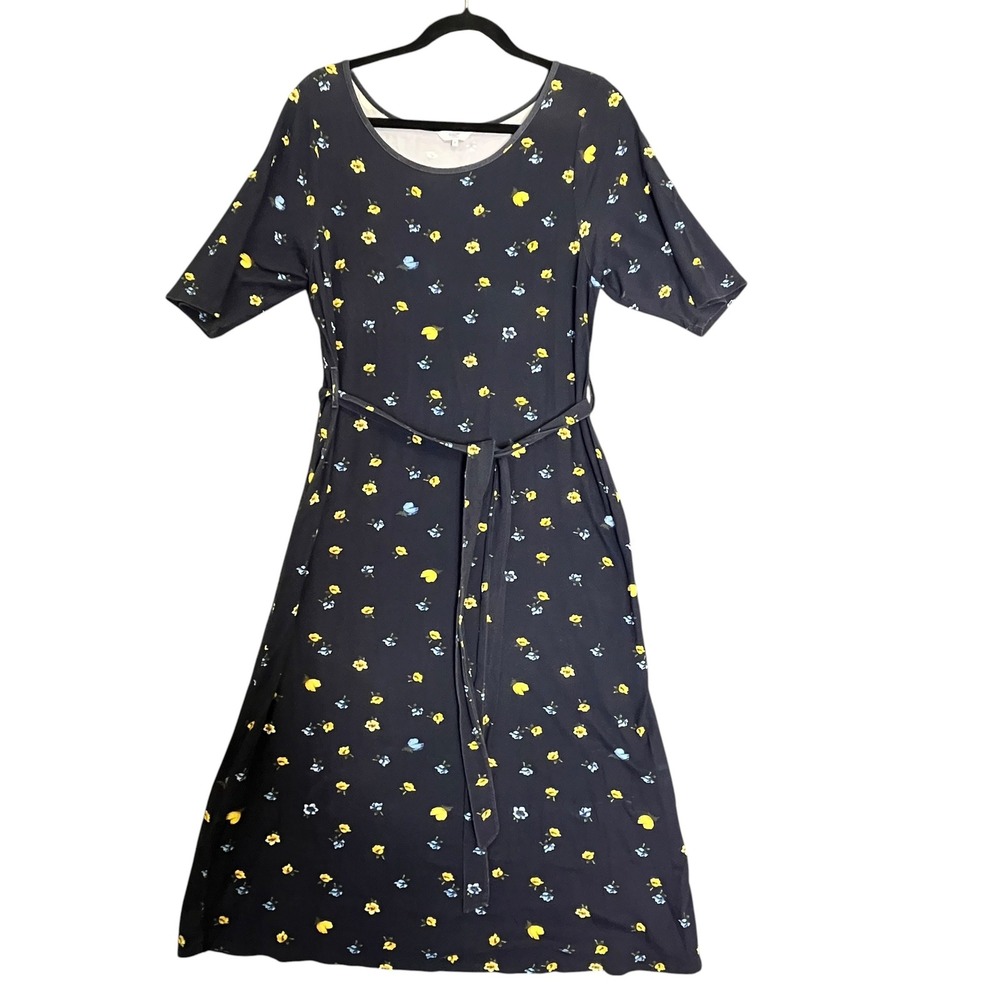 Cotton Traders Floral Dress US 12 Navy Blue Belted Viscose Cottagecore Comfort